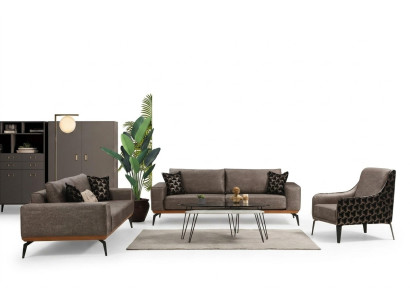 Complete living room sofa suite: 2x 3-seater fabric sofas and armchair, 3 pieces