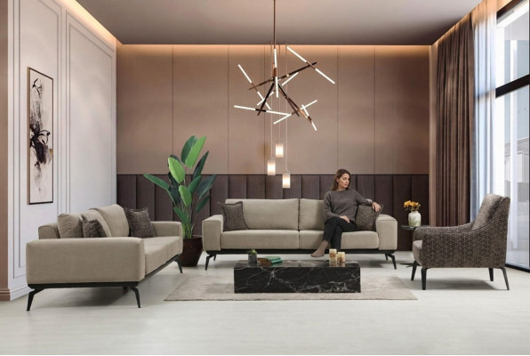 Beige fabric sofas complete set three-seater upholstered sofas armchair.