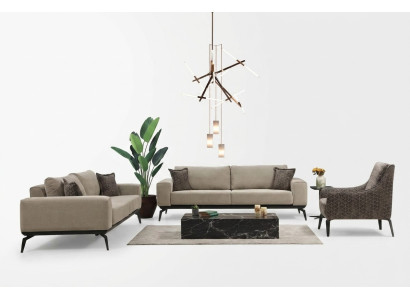 Beige fabric sofas complete set three-seater upholstered sofas armchair.