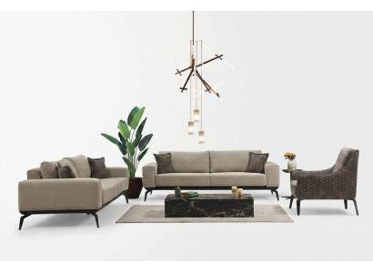 Beige fabric sofas complete set three-seater upholstered sofas armchair.