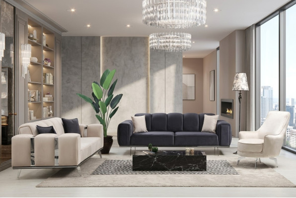Luxury Sofa Set Three-Seater Armchair Couch Beige Fabric Sofa Sofas 3-piece Set