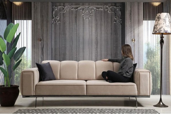 Luxury fabric three-seater upholstered sofa beige fabric sofa 3 seat