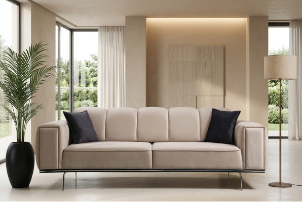 Luxury fabric three-seater upholstered sofa beige fabric sofa 3 seat