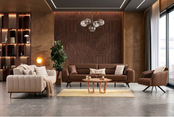 Four-seater and three-seater sofa set, armchair, brown couch, upholstered sofa, sofa.