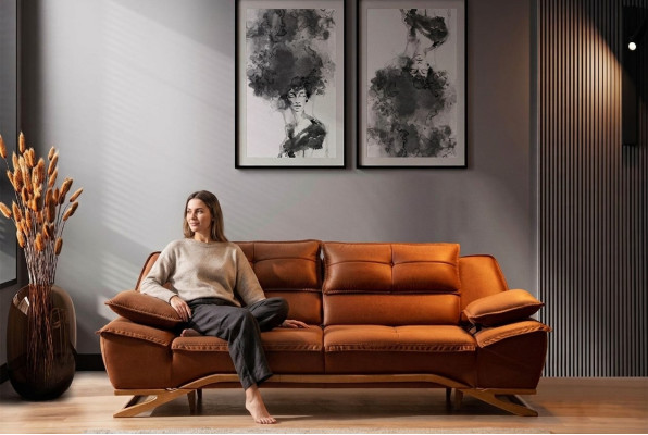 Three-seater fabric sofa couch brown sofa 3-seater upholstered sofa modern