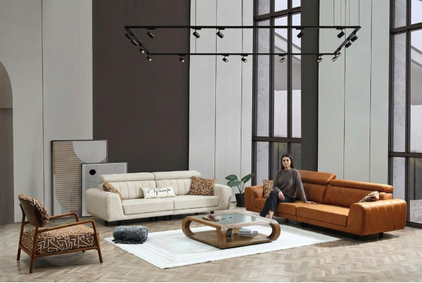 Four-seater, three-seater armchair couch set, brown 3-piece upholstered sofa set