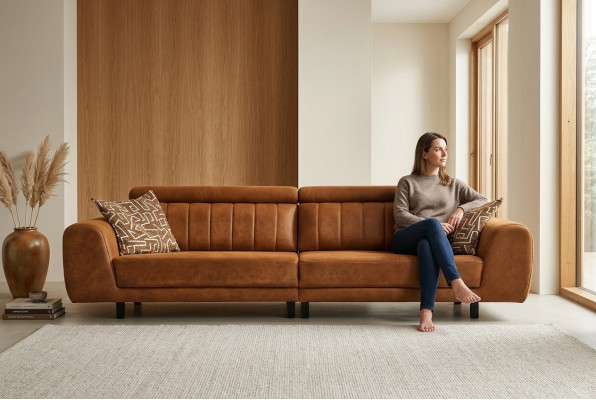 Luxury Four-Seater Couch Brown Faux Leather Sofa 4-Seater Upholstered Sofa