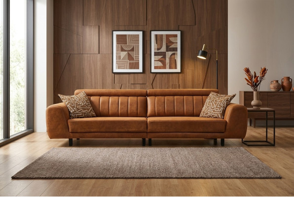 Luxury Four-Seater Couch Brown Faux Leather Sofa 4-Seater Upholstered Sofa