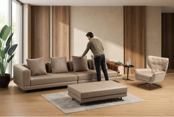 Upholstered sofa set four-seater armchair beige sofa 2-piece faux leather