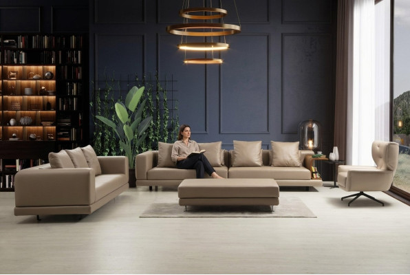 Four-seater sofa set three-seater armchair beige sofa 3-piece leather set