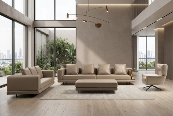 Four-seater sofa set three-seater armchair beige sofa 3-piece leather set
