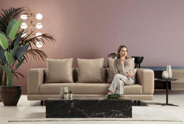 Three-seater Couch Beige Sofa 3-seater Upholstered Sofa Modern Faux Leather