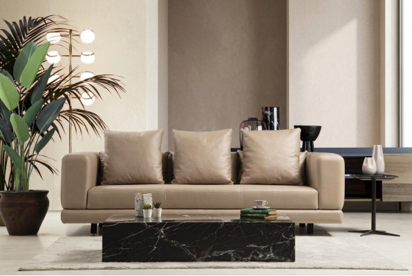 Three-seater Couch Beige Sofa 3-seater Upholstered Sofa Modern Faux Leather