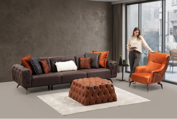 Complete four-seater armchair couch brown upholstered fabric sofa set 2-piece