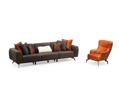 Complete four-seater armchair couch brown upholstered fabric sofa set 2-piece