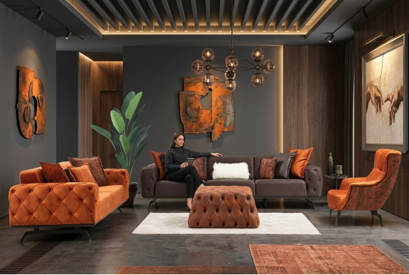 Four-seater couch set, three-seater, armchair, orange sofa, 3-piece fabric sofa