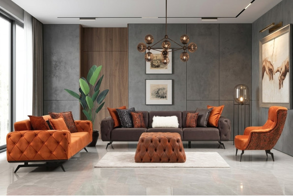 Four-seater couch set, three-seater, armchair, orange sofa, 3-piece fabric sofa