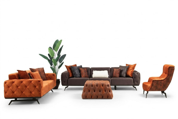 Four-seater couch set, three-seater, armchair, orange sofa, 3-piece fabric sofa