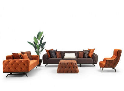 Four-seater couch set, three-seater, armchair, orange sofa, 3-piece fabric sofa