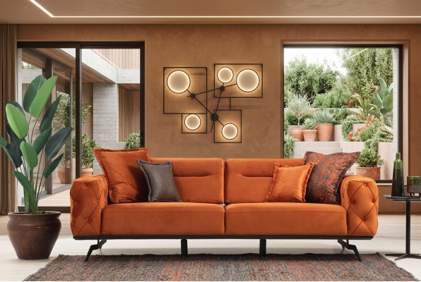 Three-seater couch orange sofa 3-seater upholstery fabric sofa Chesterfield