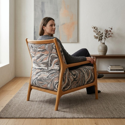Classic upholstered armchair fabric armchair fabric wood brown single-seater