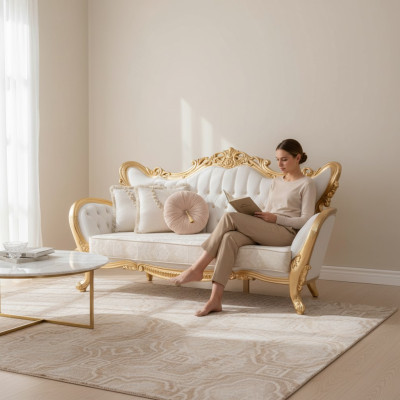 A luxurious and relaxing sofa in a classic style with golden patterns.
