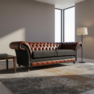 Modern design living room sofa 3-seater brown Chesterfield couch leather upholstery textile new