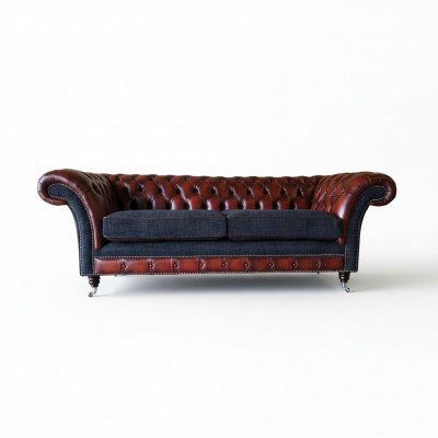Modern design living room sofa 3-seater brown Chesterfield couch leather upholstery textile new