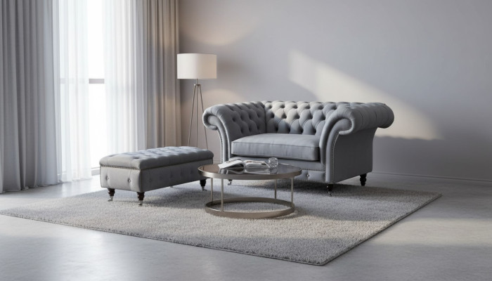 Chesterfield Wingback Chair Footstool Armchair Couch Upholstery Set Gray Fabric