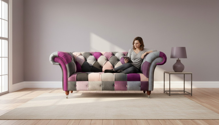 Chesterfield Fabric Sofa Couch Upholstery Design 2-Seater Textile Sofa Gray