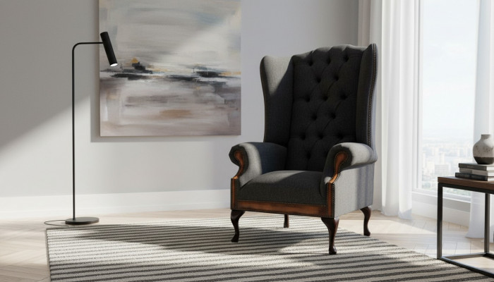 Chesterfield Armchair Gray Living Room Classic Fabric Wingback Chair Furniture