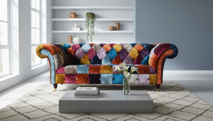 Chesterfield Textile Sofa Couch Upholstered Sofas Luxury Fabric 3-Seater Design