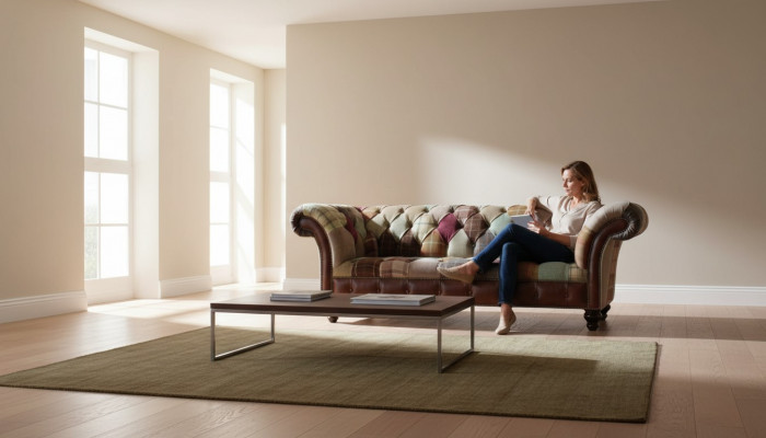 Colorful designer sofa in Chesterfield design with three seats