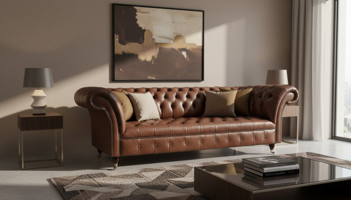 Chesterfield Sofa Three-Seater Vintage Couches Big XXL Brown Textile Leather