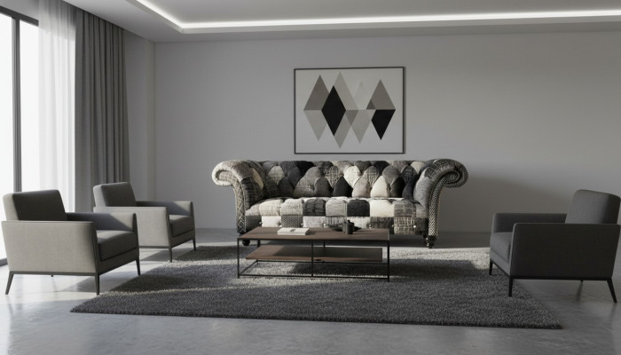Luxurious velvet sofa in Chesterfield design with colorful checks