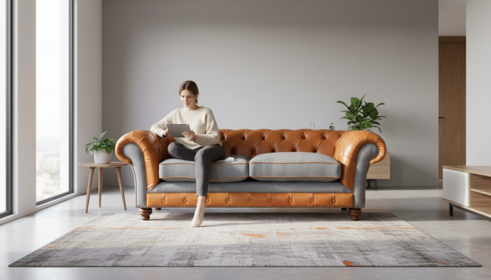 Luxurious faux leather sofa in Chesterfield 3-seater sofa design with three seats