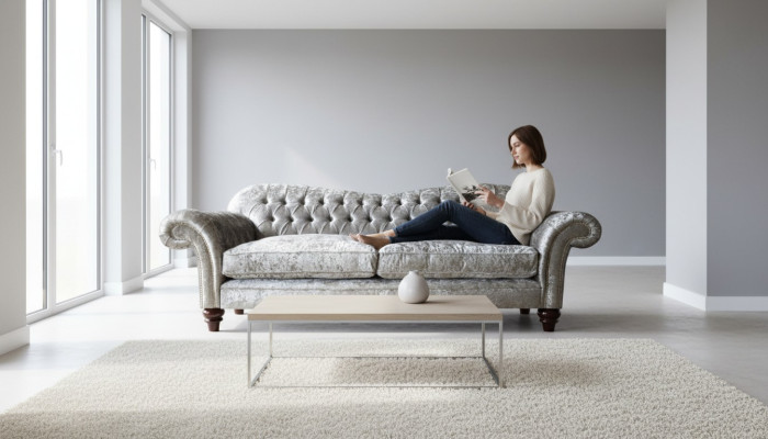 Luxurious classic gray three-seater Chesterfield sofa