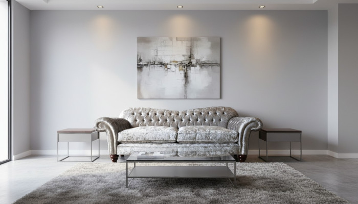Luxurious classic gray three-seater Chesterfield sofa