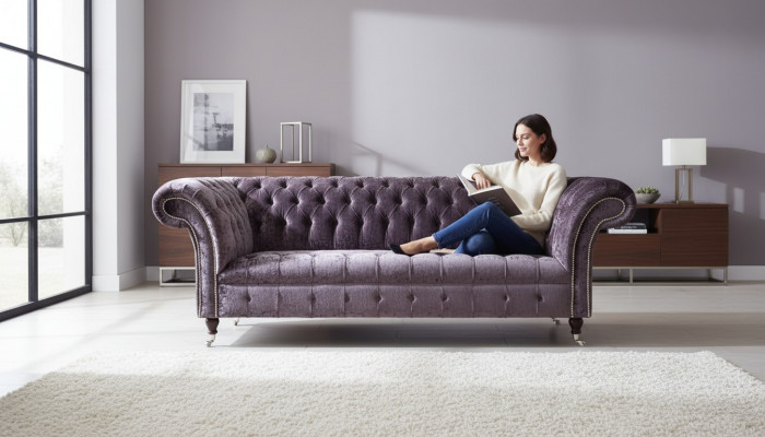 Chesterfield Couch Textile Velvet Fabric Sofa Furniture Design 3-Seater Purple
