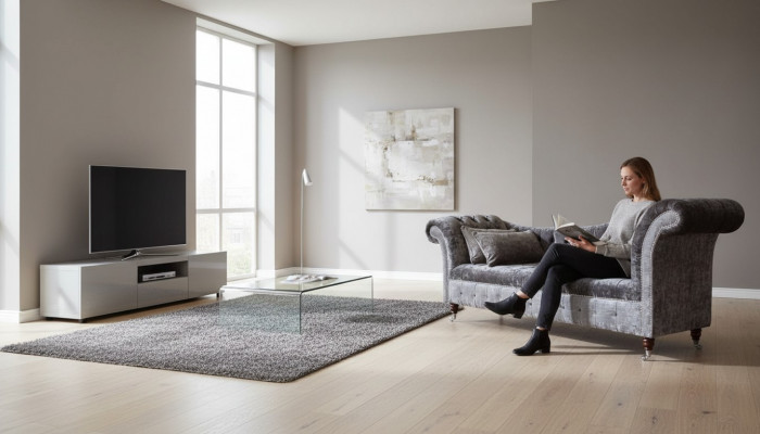 A luxurious, classic Chesterfield-style sofa in a rich silver tone.