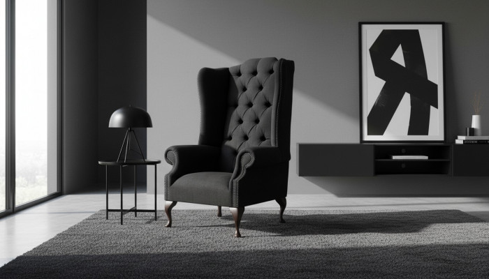 Wing chair armchair seater black design upholstery Chesterfield textile new