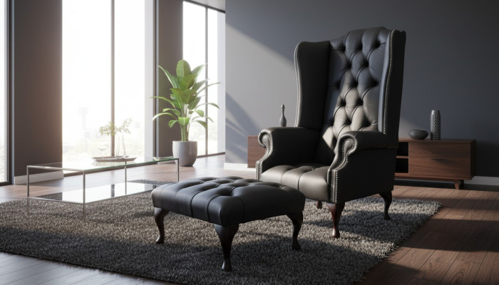 Armchair with stool designer upholstered armchair Chesterfield wingback chair new