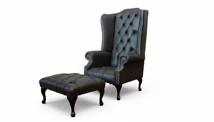 Armchair with stool designer upholstered armchair Chesterfield wingback chair new
