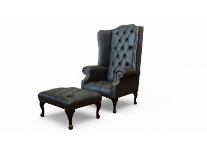 Armchair with stool designer upholstered armchair Chesterfield wingback chair new