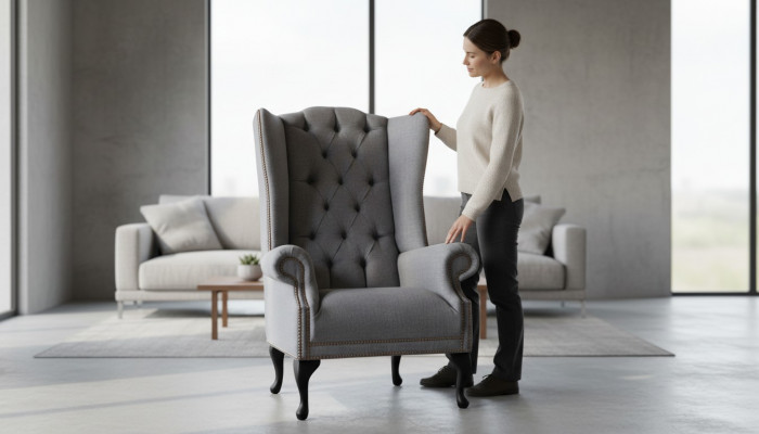 Chesterfield Wing Chair Sofa Couch Upholstered 1-Seater Gray Armchair Fabric