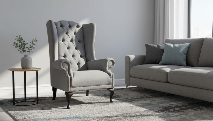 Chesterfield Wing Chair Sofa Couch Upholstered 1-Seater Gray Armchair Fabric