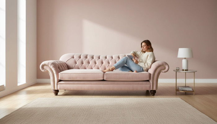 Sofa 3-seater Chesterfield couch seat textile fabric couches pink upholstery