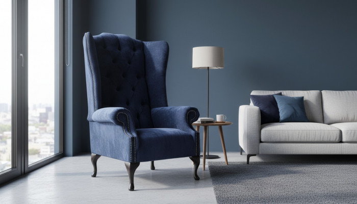 Chesterfield Design Armchair Upholstery Luxury Blue Textile Couches Wing Chair