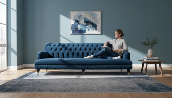 Luxurious designer sofa in Chesterfield style with four seats in blue color.
