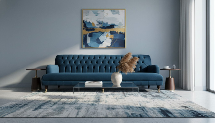 Luxurious designer sofa in Chesterfield style with four seats in blue color.